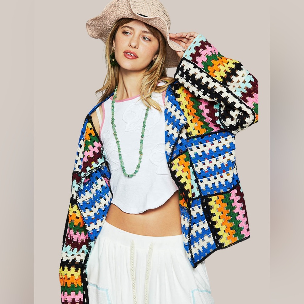 POL Colorful Crocheted Patchwork Open Front Cardigan Sweater Boho Statement - Picture 3 of 9